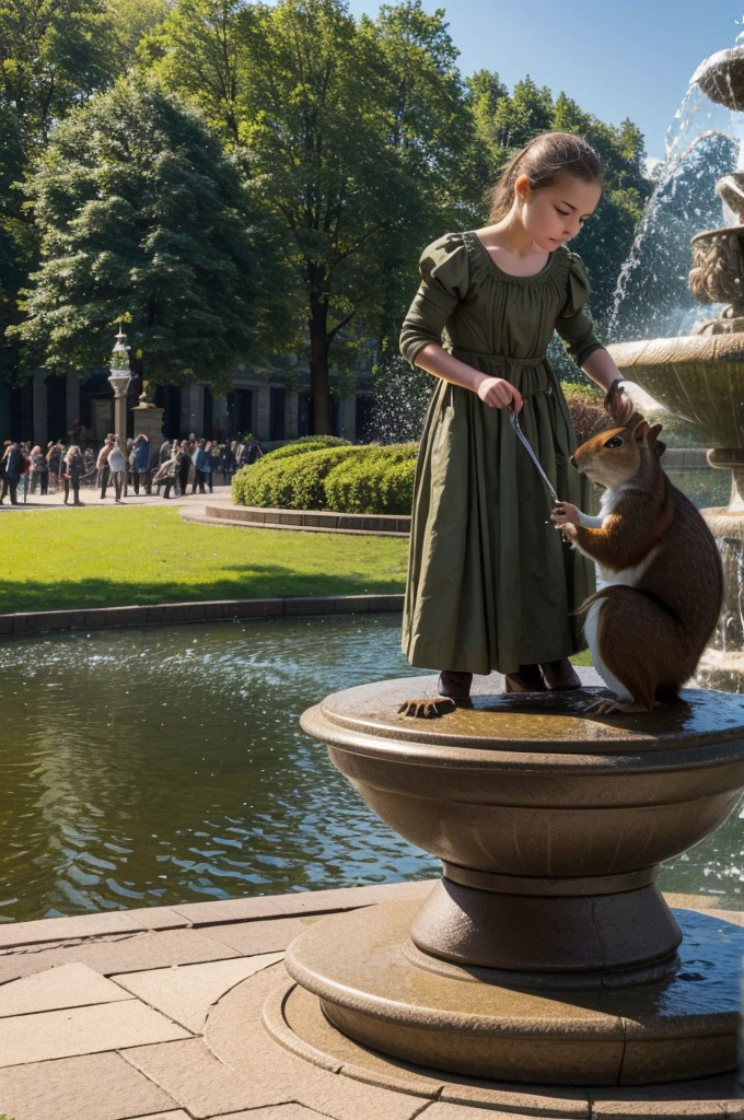 a girl feeds a squirrel against the background of the Samson fountain in Peterhof