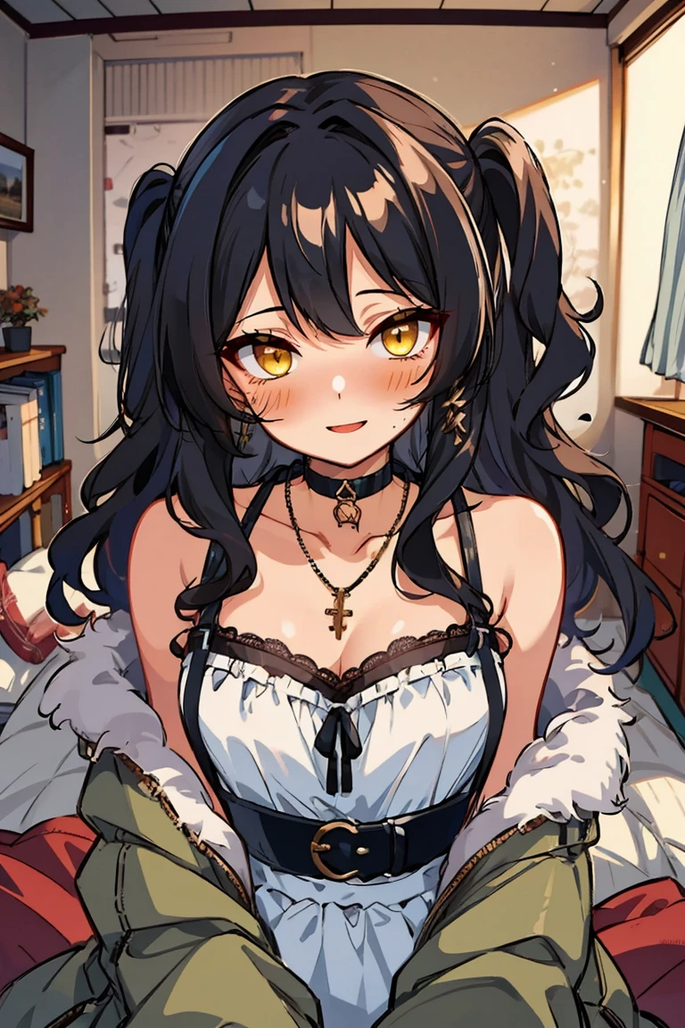 (masterpiece:1.2), (high quality:1.2), hui xiyi, rekkyo sensen, rekkyou sensen, solo focus, palmgirls with((black hair, bare shoulders, (long wavy hair, one side up:1.4), hand up, waving, breasts,choker, cleavage,coat,collar,collarbone,cowboy shot, dress, frills, fur, fur collar, fur trim, hood down, hooded jacket, hoodie, jacket, large breasts, long hair, long sleeves, belt, suspenders, medium breasts, medium hair, necklace, open clothes, open hoodie, sleeveless, solo, winter clothes, zipper, upper body)), background with ((bedroom, room:2.0))