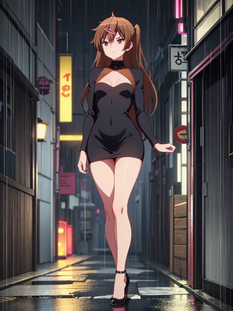 (((professional: step by step, considering even the smallest detail god level final result))): "Zettai Ryouiki, with medium light brown hair and two pigtails above her ears, 50% Revealing clothing, Show skin, ((Rave short shirt, very Low-cut shirt, Rave cowboy miniskirt, Visible thong straps)), (with a rave outfit:1.2, 30% Rave clothing), (Detailed outfit, Detailed clothing), (sexy walking pose), Solo focus, embarrassed, centered, Scale to fit dimensions, Rule of thirds, ((Night view)),(cyberpunk night street Background: 1.3, dark sky, alley, lonely alley, clouds thick, Background with intricate details), (Best quality),(high resolution),(Sharp focus),(full intricate details),(Very high quality artwork),(very fine 8K CG),((perfect piece) ), (((Masterpiece))), illustration, vibrant colors, high contrast, selective lighting, double exposure, HDR (high dynamic range), Post-processing, Background blur, transparent drees"