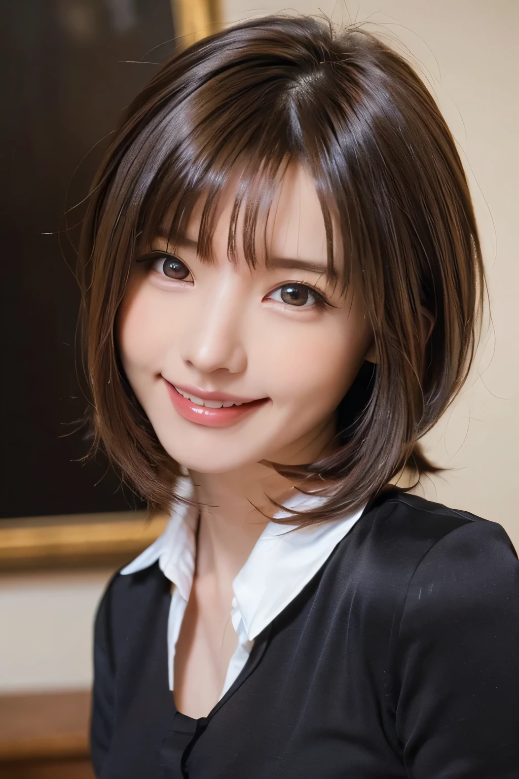 ((masterpiece)), ((Highest quality)), ((Complex)), ((Surreal)), (Realistic), (Mature Woman), ((There are no classes)), Very detailed, (1 female), Beautiful and exquisite, (Beautiful Teeth), Grin, Brunette Bob Hair, Brown eyes, ((blouse)), (Upper Body), (background:none), Perfect Eyes, Captivating eyes, Looking at the audience