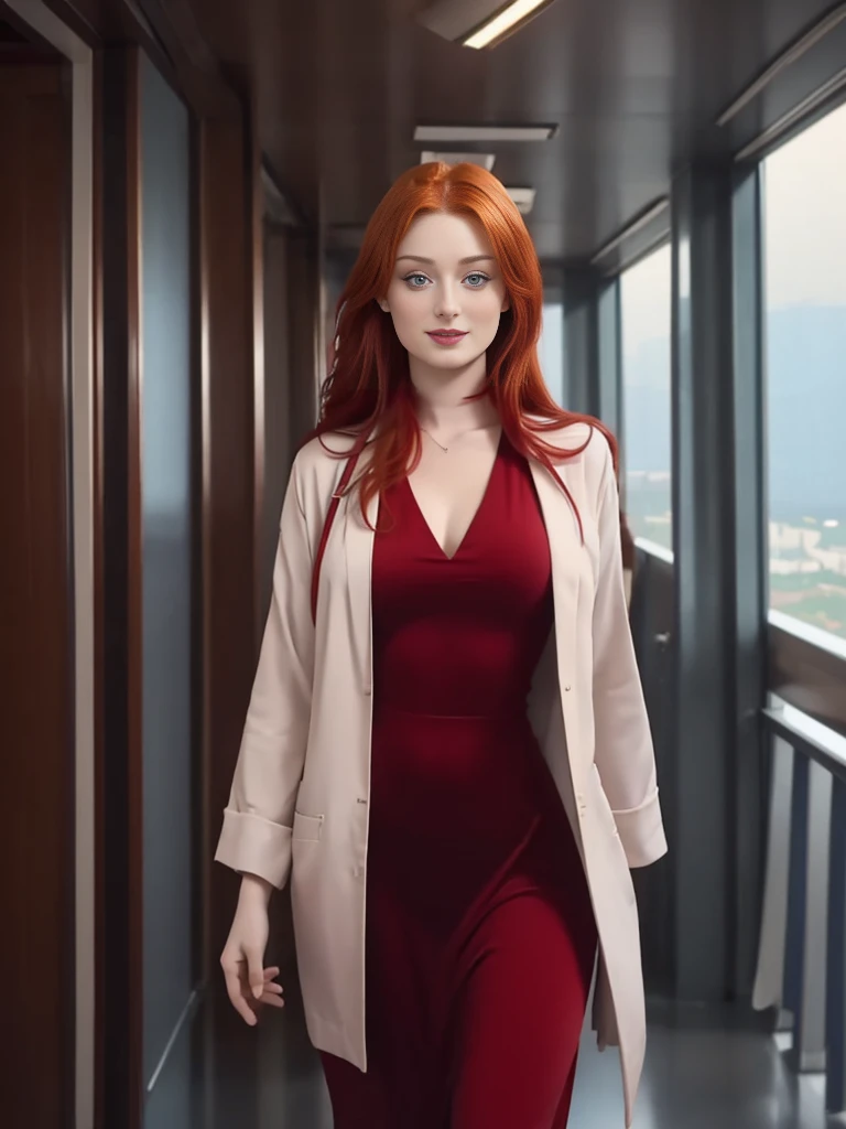 a sexy 28 year old woman, beautiful redhead SOPHIE TURNER, detailed eyes, lush lips, flirtatious smile, youthful enthusiasm, standing on the bridge of a starship, dressed as a nurse, Walking down the hallway, realist, fotorrealist, 8k, high quality, Masterpiece, studio lighting, extremely detailed.