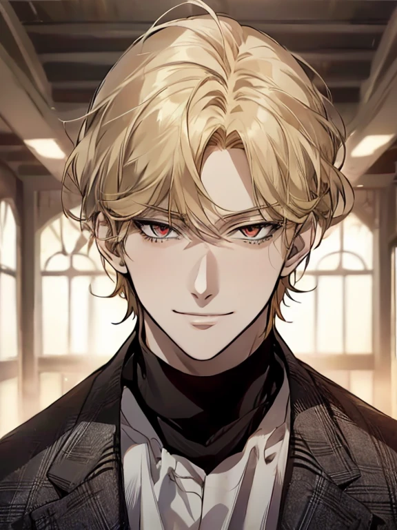 Solo, anime drawing of a man with blonde hair and red eyes, clean anime outlines, praying posture, side part bangs, medium hair length, anime portrait of a handsome man, male anime style, smirk facial