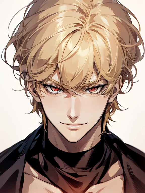 Solo, anime drawing of a man with blonde hair and red eyes, clean anime outlines, praying posture, side part bangs, medium hair length, anime portrait of a handsome man, male anime style, smirk facial