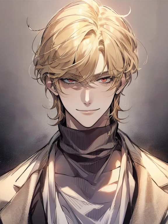 Solo, anime drawing of a man with blonde hair and red eyes, clean anime outlines, praying posture, side part bangs, medium hair length, anime portrait of a handsome man, male anime style, smirk facial