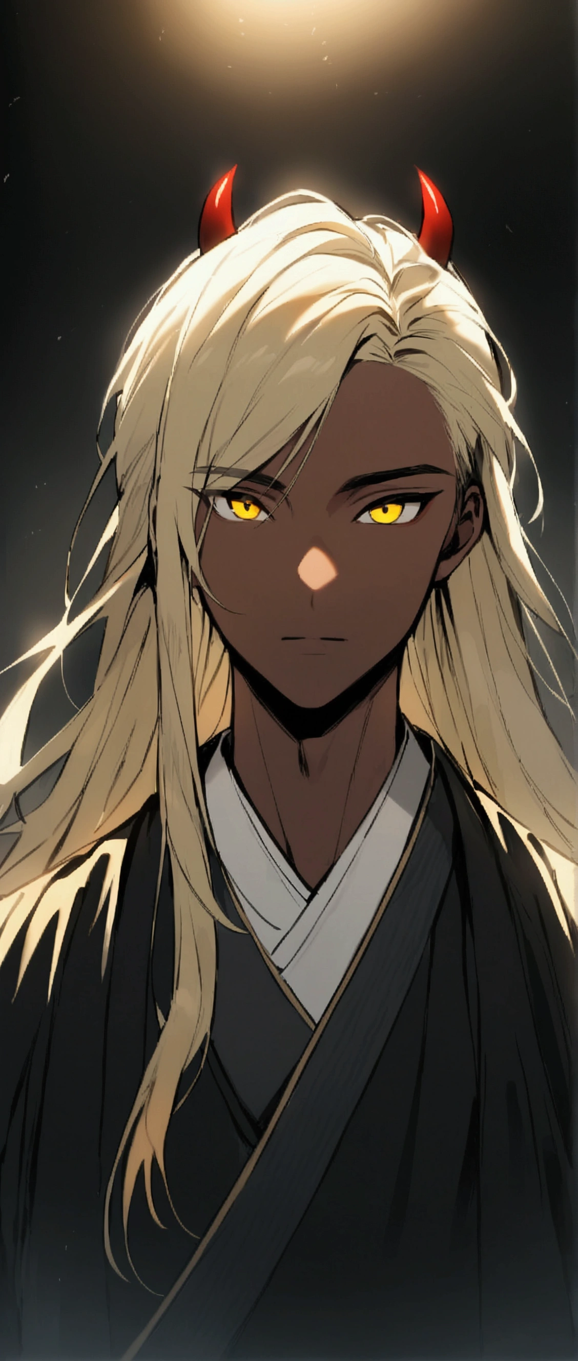 One Man,Beautiful young man with blond hair and dark skin,boy, 20-year-old, Yellow Eyes, length, Silky Hair,Red horns growing from the sides of its head,Wearing traditional Korean clothing,She has her bangs down,View your audience,masculine body