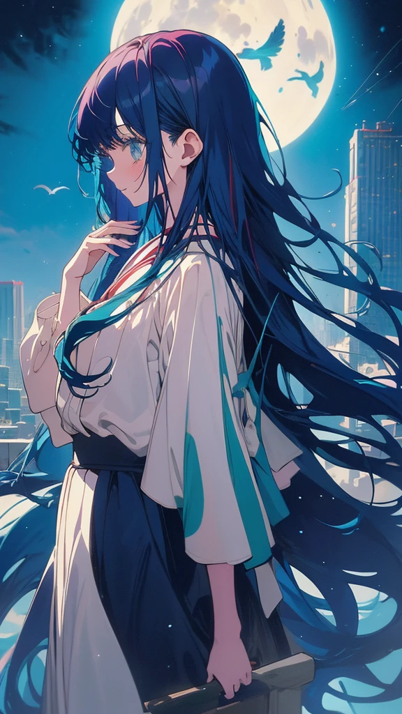 Blue-haired long hair,Design clothing,Seven-doppelganger shot,Anime style 4K,Anime girl with teal hair,High quality anime art style,Standing painting,Splash ink background,Blue Themes、Pure white background,Buildings,Face close-up,Buildings,Moon and sun、Long legs, whale flying in the sky,giant whale