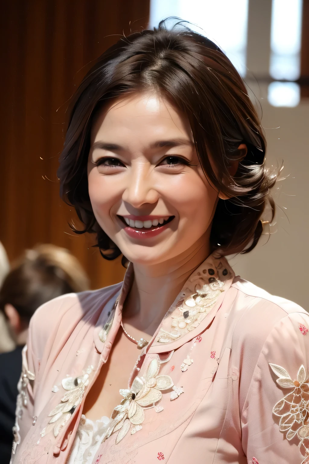 ((masterpiece)), ((Highest quality)), ((Complex)), ((Surreal)), (Realistic), (Mature Woman), ((There are no classes)), Very detailed, (1 female), Beautiful and exquisite, (Beautiful Teeth), Grin, Brunette Bob Hair, Brown eyes, ((blouse)), (Upper Body), (background:none), Perfect Eyes, Captivating eyes, Looking at the audience