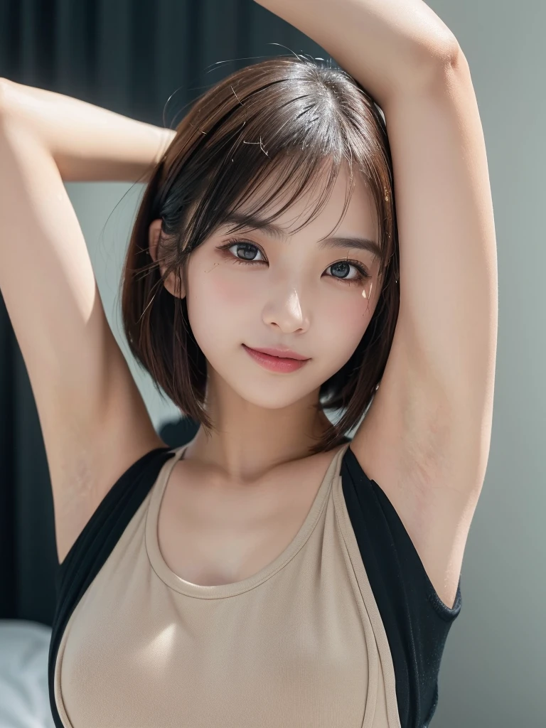 (((Face close-up)))、(((Absolutely shoulder-length brown straight short bob)))、(((She is looking at me from her bed)))、((((Thin black tank top)))、(((Raising his arms to show his armpits))) Half Japanese and half Korean、30 year old girl、Looking forward、Light eye makeup、Brown Hair Color、Hair blowing in the wind、quality、Shiny Ultra-Realistic Face、Plump、glossy、Tempting、Sweat、Wet、Watery eye、sexy、I feel、Subtle lighting effects、Ultra-Realistic Capture、Very detailed、High resolution 16K human skin closeup。Skin texture must be natural、The detail must be such that the pores are clearly visible.、The skin is healthy、Even Tone、Use natural light and colors、モデルエージェンシーの社内で撮影された使い古された高qualityの写真写真家、smile、(((SIGMA 300 mm F/1.4、1/1000 sec shutter、ISO 400)))