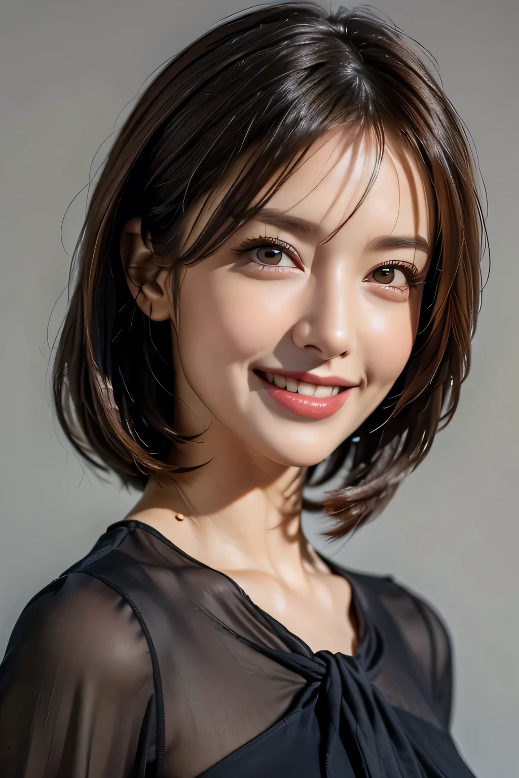 ((masterpiece)), ((Highest quality)), ((Complex)), ((Surreal)), (Realistic), (Mature Woman), ((There are no classes)), Very detailed, (1 female), Beautiful and exquisite, (Beautiful Teeth), Grin, Brunette Bob Hair, Brown eyes, ((blouse)), (Upper Body), (background:none), Perfect Eyes, Captivating eyes, Looking at the audience