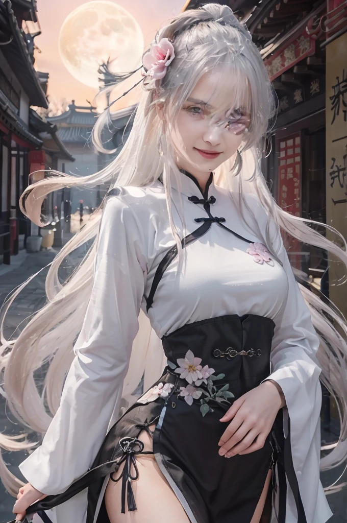 Masterpiece, Best Quality, Night, Full Moon, 1 Girl, Mature Woman, Chinese Style, Ancient China, Sister, Royal Sister, Cold expression, expressionless face, Silver white long haired woman, Blue eyes, Light pink lips, Beautiful teeth smile, Smiling, Open mouth,Calm, Intellectual, Three belts, Gray pupils, Assassin, Short knife, Flower ball background, Strolling in the street scenery