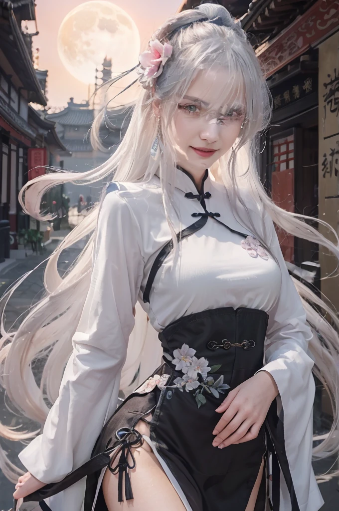 Masterpiece, Best Quality, Night, Full Moon, 1 Girl, Mature Woman, Chinese Style, Ancient China, Sister, Royal Sister, Cold expression, expressionless face, Silver white long haired woman, Blue eyes, Light pink lips, Beautiful teeth smile, Smiling, Open mouth,Calm, Intellectual, Three belts, Gray pupils, Assassin, Short knife, Flower ball background, Strolling in the street scenery