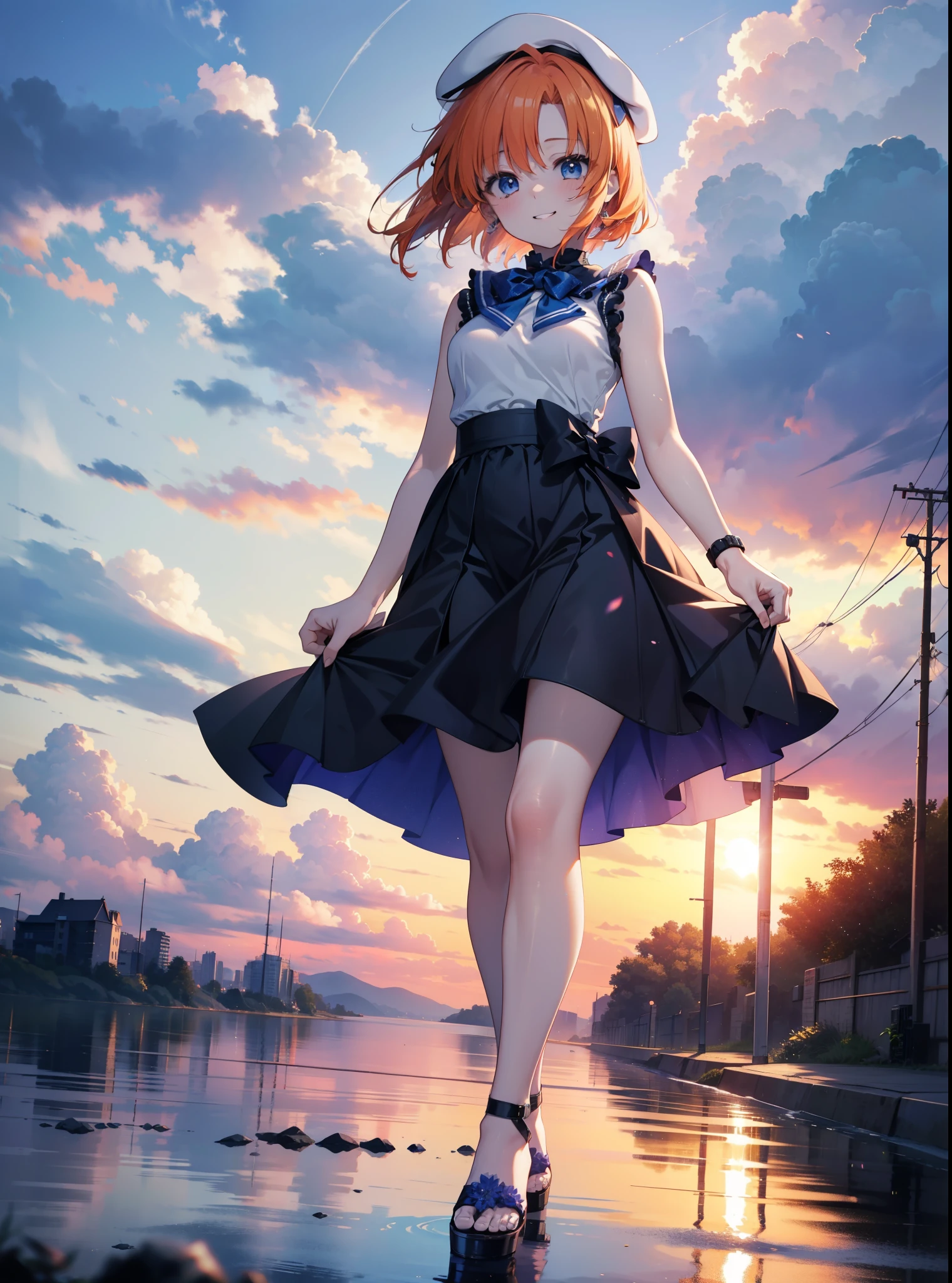 kidney, Rena Ryuuguu, Orange Hair, short hair, blue eyes, smile, blush,Grin,(Small breasts:1.2),beret,Sleeveless dress,Long skirt,Heeled Sandals,evening,sunset,The sun is setting,Walking,whole bodyがイラストに入る,
break looking at viewer,whole body,
break outdoors, In town,
break (masterpiece:1.2), Highest quality, High resolution, unity 8k wallpaper, (figure:0.8), (Beautiful attention to detail:1.6), Highly detailed face, Perfect lighting, Highly detailed CG, (Perfect hands, Perfect Anatomy),