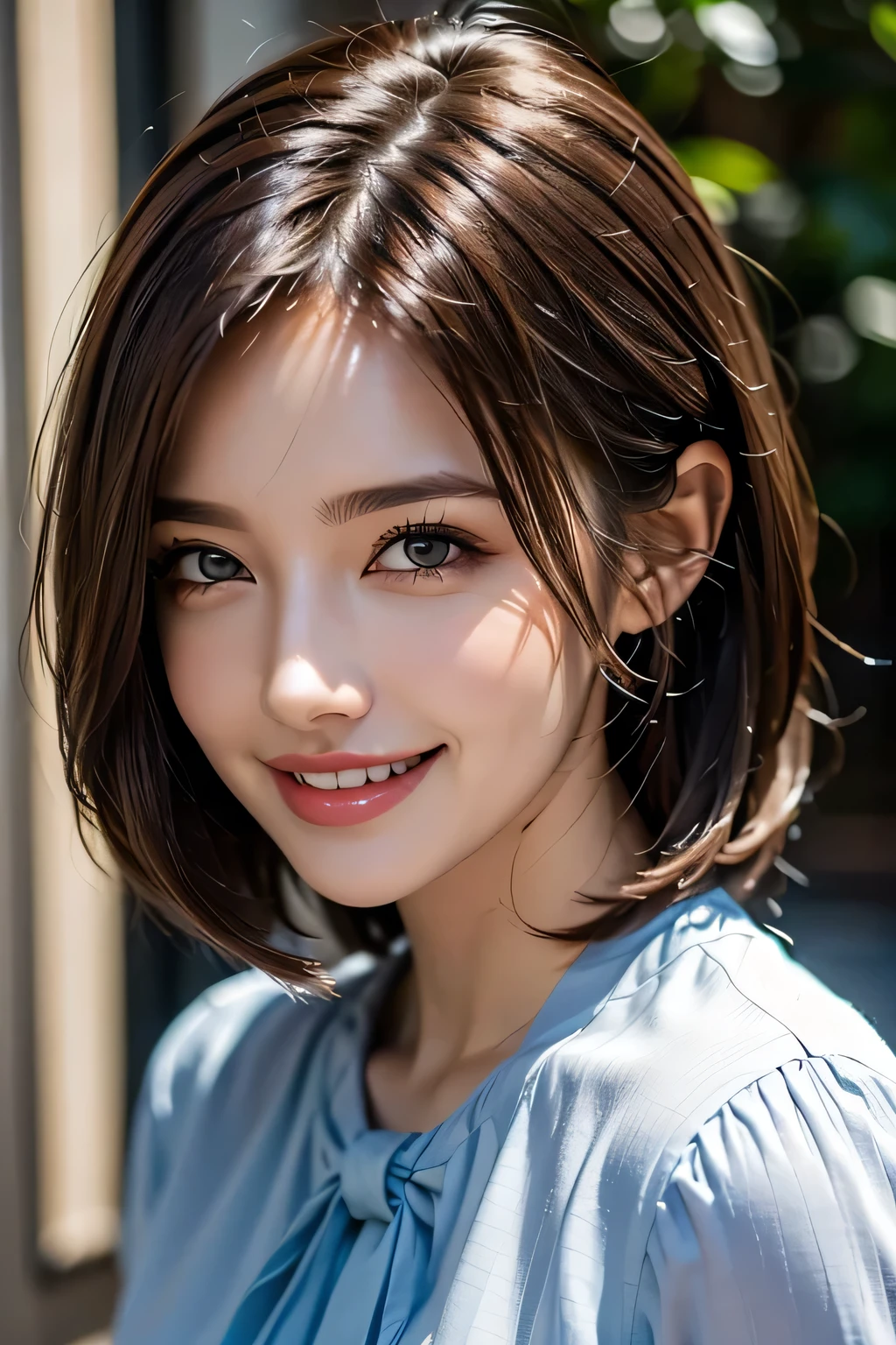 ((masterpiece)), ((Highest quality)), ((Complex)), ((Surreal)), (Realistic), (Mature Woman), ((There are no classes)), Very detailed, (1 female), Beautiful and exquisite, (Beautiful Teeth), Grin, Brunette Bob Hair, Brown eyes, ((blouse)), (Upper Body), (background:none), Perfect Eyes, Captivating eyes, Looking at the audience