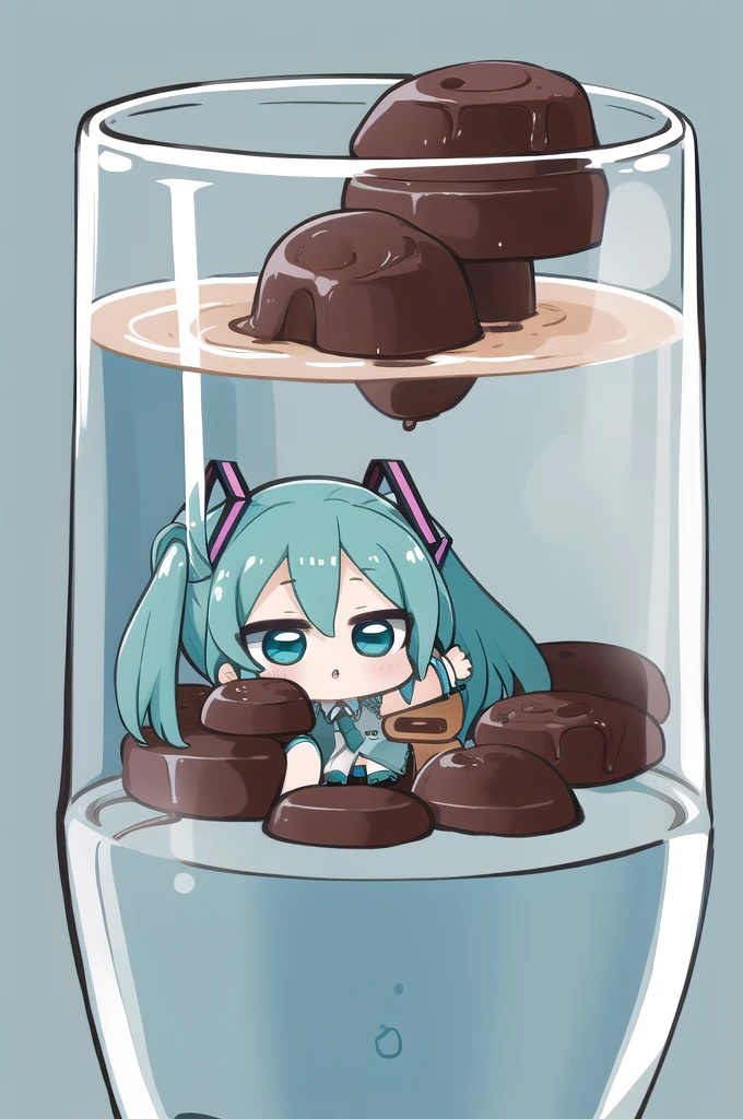 masterpiece, best quality, highly detailed, nozochibi, 1girl, (chibi:1.4), hatsune miku, simple background, full body,Hatsune Miku inside a glass of chocolate milk.