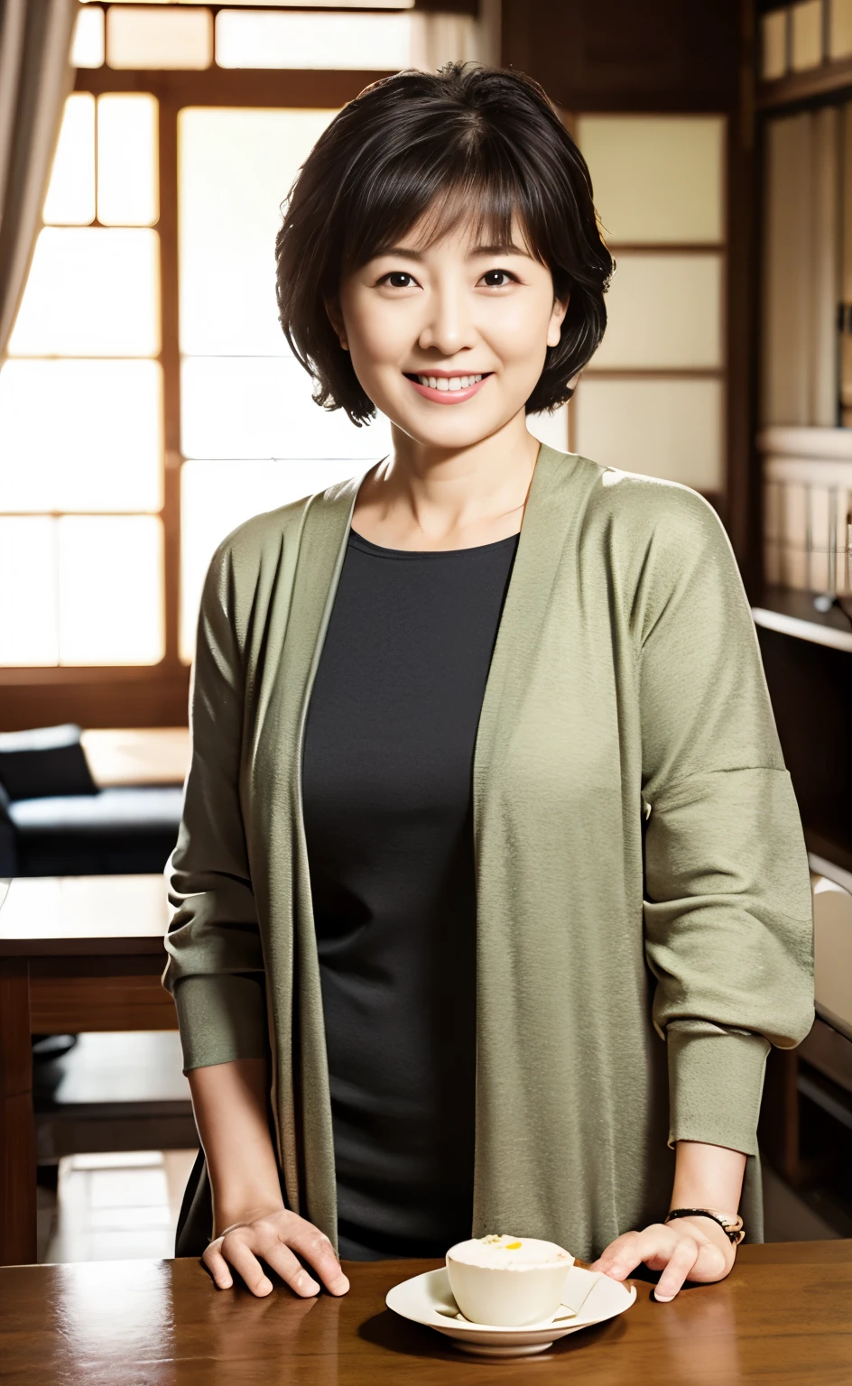 Portraiture、8K、high quality、Realistic Photographic Images、36 years old、Japanese women、A decent wife、、housewife、Natural and realistic eyes、Japanese Stand、Beautiful black hair、short hair、light makeup、Octane Rendering、Beautiful lighting、Golden ratio composition、Laughter、Casual wear、Casual clothing、Natural background、Blurred Background、high resolution、Pure Japanese humanity、Beautiful wife、whole body、light makeup、 makeup、Pure beauty、Private Server、gray、beige、green、Plain、Casual clothing、smile、Small black eyeini skirt、Background blur