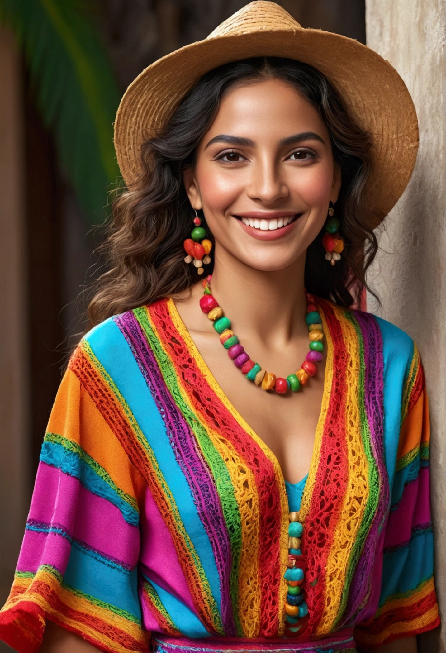 smiling latin woman, wearing colorful clothing, full - length photo, PICTURE REALISTIC, 4K resolution, striking and defined features, very sensual and a mysterious look, intriguing look, emphasis on the look