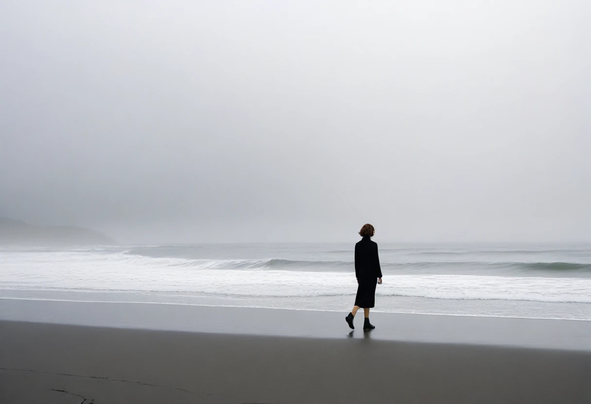 deserted long beach, Short haired woman walking from afar, alone, A horizon without any mountains, foggy, afternoon, depressed, waves are coming