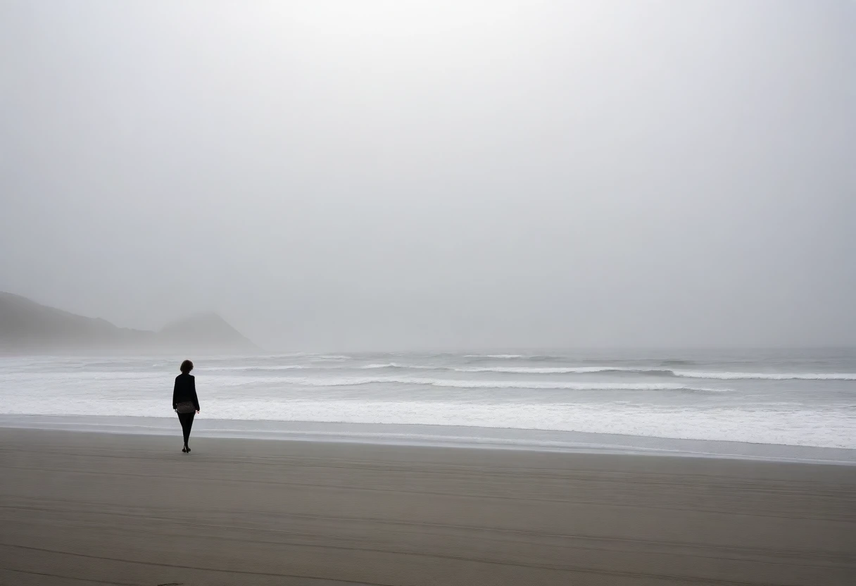 deserted long beach, Short haired woman walking from afar, alone, A horizon without any mountains, foggy, afternoon, depressed, waves are coming