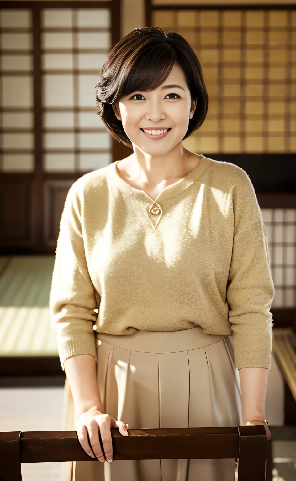 Portraiture、8K、high quality、Realistic Photographic Images、36 years old、Japanese women、A decent wife、、housewife、Natural and realistic eyes、Japanese Stand、Beautiful black hair、short hair、light makeup、Octane Rendering、Beautiful lighting、Golden ratio composition、Laughter、Casual wear、Casual clothing、Natural background、Blurred Background、high resolution、Pure Japanese humanity、Beautiful wife、whole body、light makeup、 makeup、Pure beauty、Private Server、gray、beige、green、Plain、Casual clothing、smile、Small black eyeini skirt、Background blur