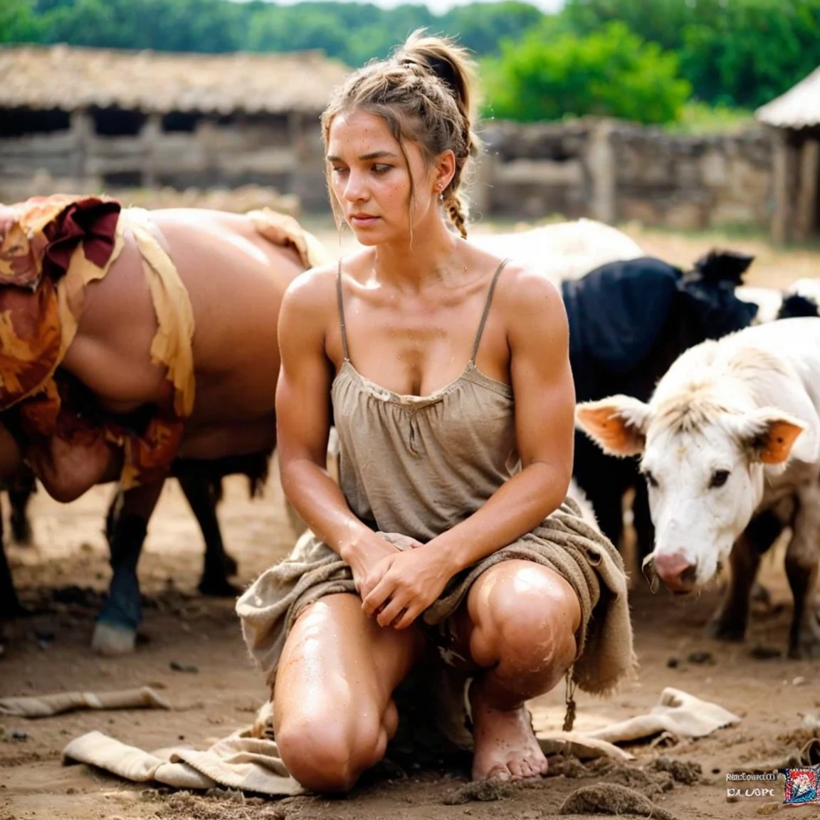 Ancient Roman villa 1st century BC.e. south of Italy, rural hinterland, summer heat, young women and girls from conquered barbarian tribes,slaves working in the field, sweat streaming down their tanned bodies, dirty, not washed for a long time, sweaty dressed in pathetic sackcloth rags barely covering their hips and ass, with huge cleavage revealing a woman's breasts, bare, sweaty, unwashed hair carelessly cut and tied in a ponytail or braided into a short braid, beautiful but exhausted by hard labor faces, stupefied from work, iron collars in the form of a riveted hoop around their necks, slave brands in the form of Latin letters "S" or "F" on their hips and shoulders, beaten and intimidated resigned to his fate.Hyperrealism, real photo, many details of costume, metal, fabric