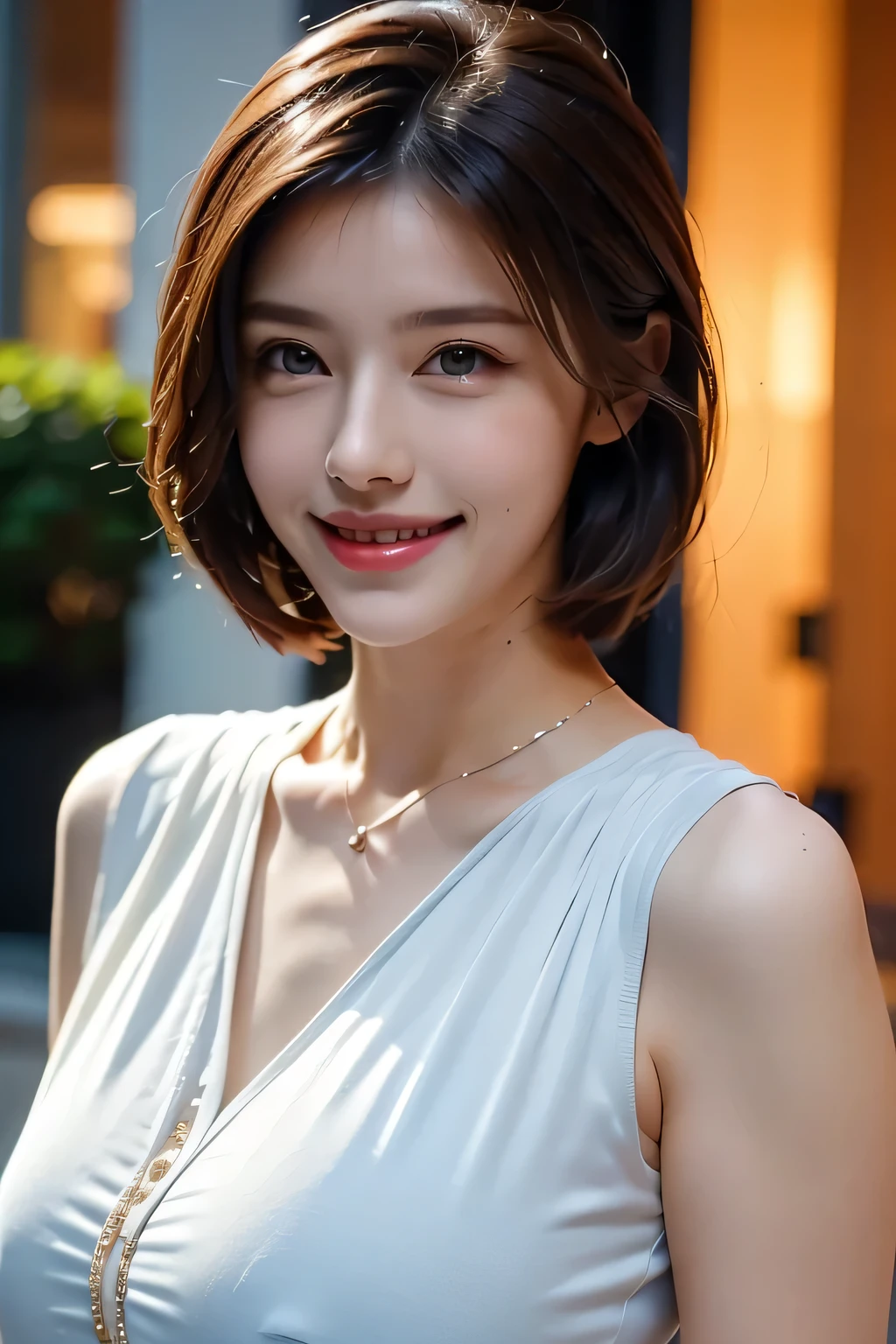 ((masterpiece)), ((Highest quality)), ((Complex)), ((Surreal)), (Realistic), (Mature Woman), ((There are no classes)), Very detailed, (1 female), Beautiful and exquisite, (Beautiful Teeth), Grin, Brunette Bob Hair, Brown eyes, ((blouse)), (Upper Body), (background:none), Perfect Eyes, Captivating eyes, Looking at the audience