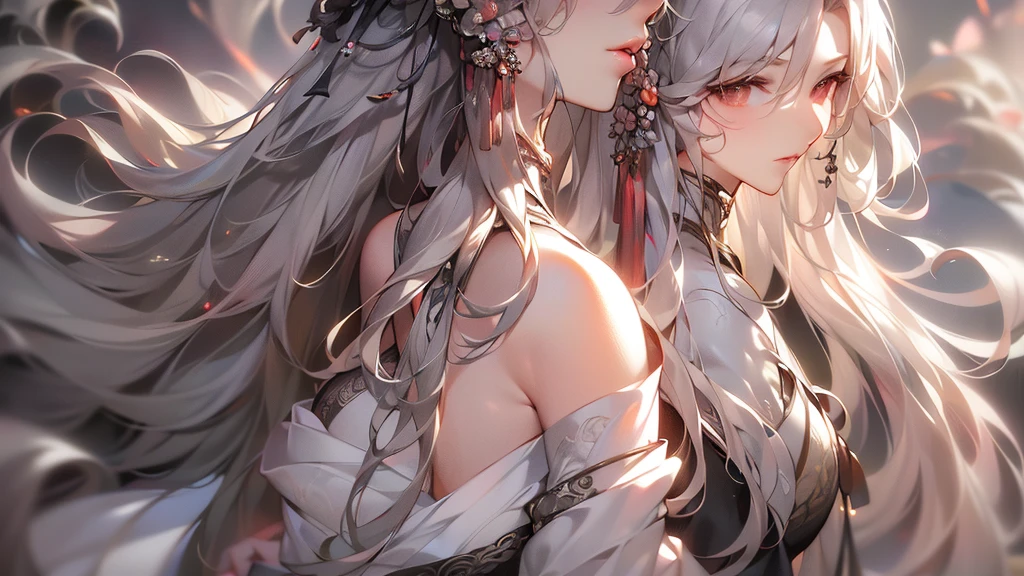 super high quality, masterpiece, Perfect illustration, Very detailed (Exquisite light and shadow, Very dramatic photo,Backlight) , ((Gray Hair:1.5))1 Girl,(( alone:1.6)), (Wearing Han clothes, Black and white Hanfu,Monotony,Long sleeve) (White smoke:1.3) (Realistic:1.4), Official Art, unity 8k wallpaper, Very detailed, Beautiful and beautiful, masterpiece, Highest quality, (Dynamic Angle: 1.4), Glowing Skin, (Floating colorful flashes: 1) The most beautiful chaotic shapes, elegant, Brutalist Design, Bright colors, Romantic Depth of Field Exotic_dance, half_naked、Expose your shoulders、Ample breasts、Great cleavage、Lean forward
