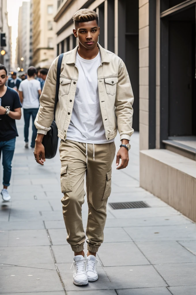 A young man walks down the street wearing a basic white t-shirt,  some worn denim jackets, beige cargo joggers and white nike air force one 