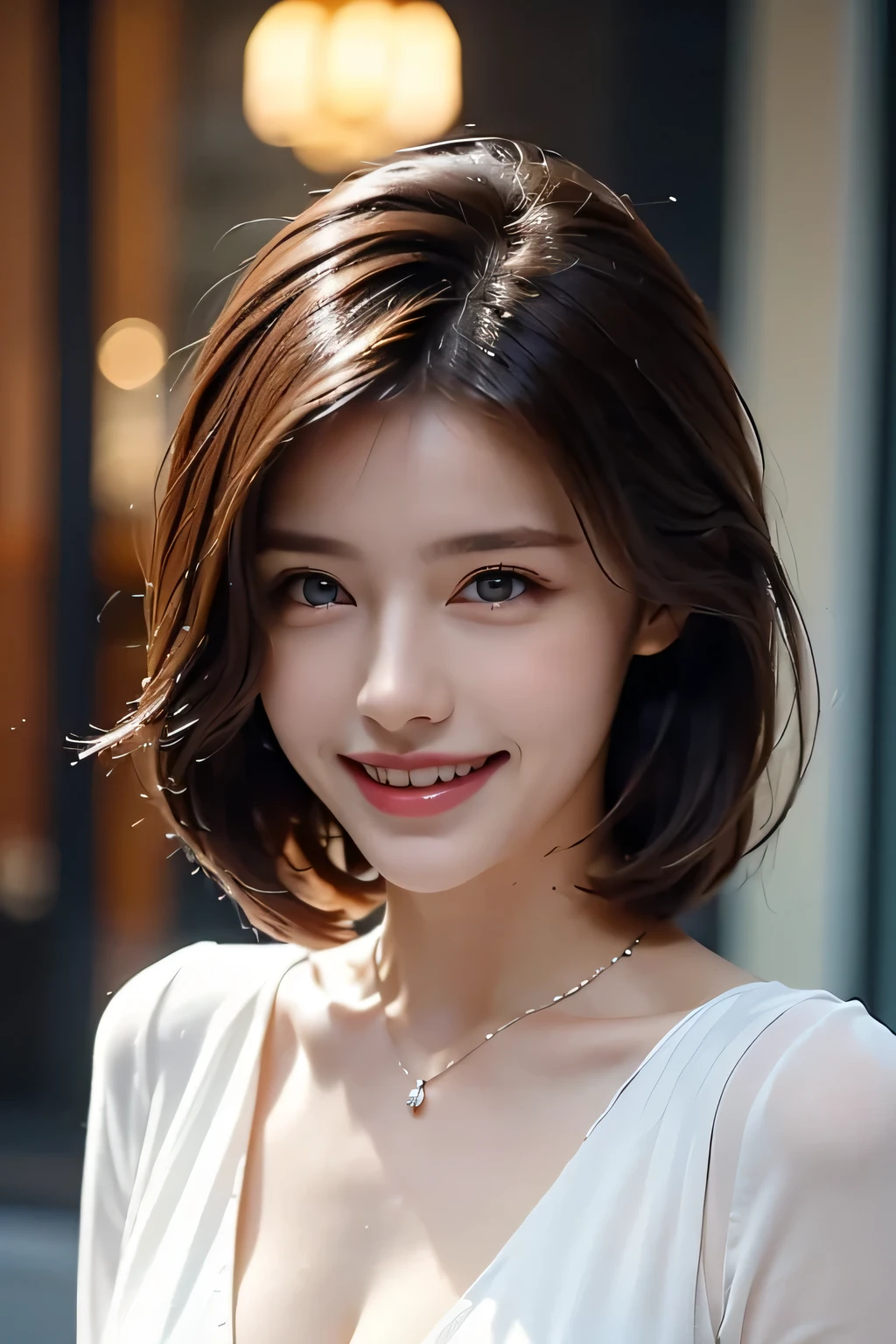 ((masterpiece)), ((Highest quality)), ((Complex)), ((Surreal)), (Realistic), (Mature Woman), ((There are no classes)), Very detailed, (1 female), Beautiful and exquisite, (Beautiful Teeth), Grin, Brunette Bob Hair, Brown eyes, ((blouse)), (Upper Body), (background:none), Perfect Eyes, Captivating eyes, Looking at the audience