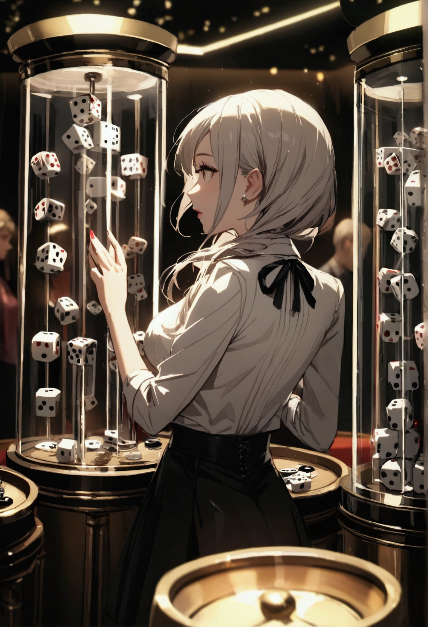girl at a dice machine in casino, large white dices in a glass cylinder.