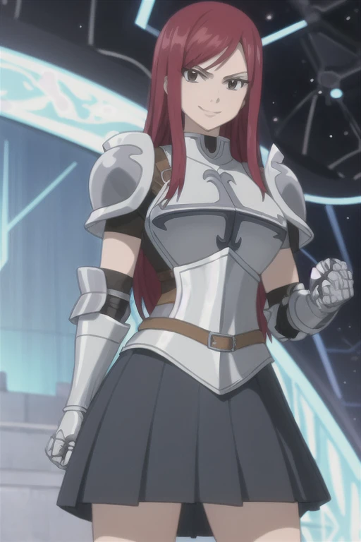 masterpiece, absurdres , (intricate details), (colorful), erza scarlet, smile, armor, breastplate, gauntlets, shoulder armor, black skirt, large breasts, cleavage