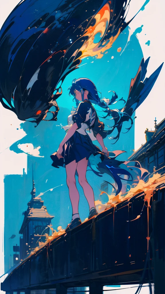 Blue-haired long hair,Design clothing,Seven-doppelganger shot,Anime style 4K,Anime girl with teal hair,High quality anime art style,Standing painting,Splash ink background,Blue Themes、Pure white background,Buildings,Face close-up,Buildings,Moon and sun、Long legs, whale flying in the sky,giant whale