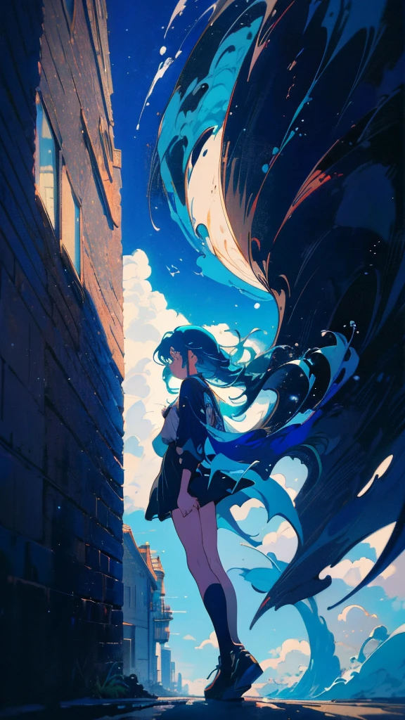 Blue-haired long hair,Design clothing,Seven-doppelganger shot,Anime style 4K,Anime girl with teal hair,High quality anime art style,Standing painting,Splash ink background,Blue Themes、Pure white background,Buildings,Face close-up,Buildings,Moon and sun、Long legs, whale flying in the sky,giant whale