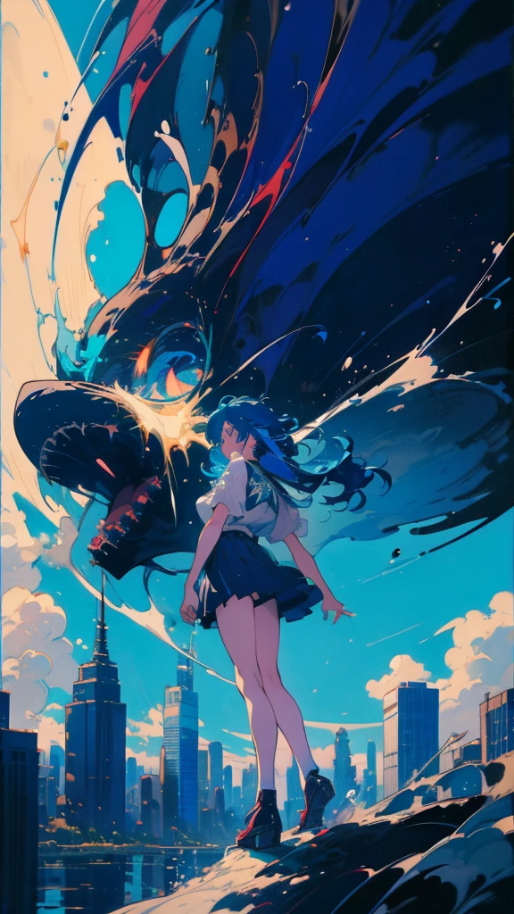 Blue-haired long hair,Design clothing,Seven-doppelganger shot,Anime style 4K,Anime girl with teal hair,High quality anime art style,Standing painting,Splash ink background,Blue Themes、Pure white background,Buildings,Face close-up,Buildings,Moon and sun、Long legs, whale flying in the sky,giant whale
