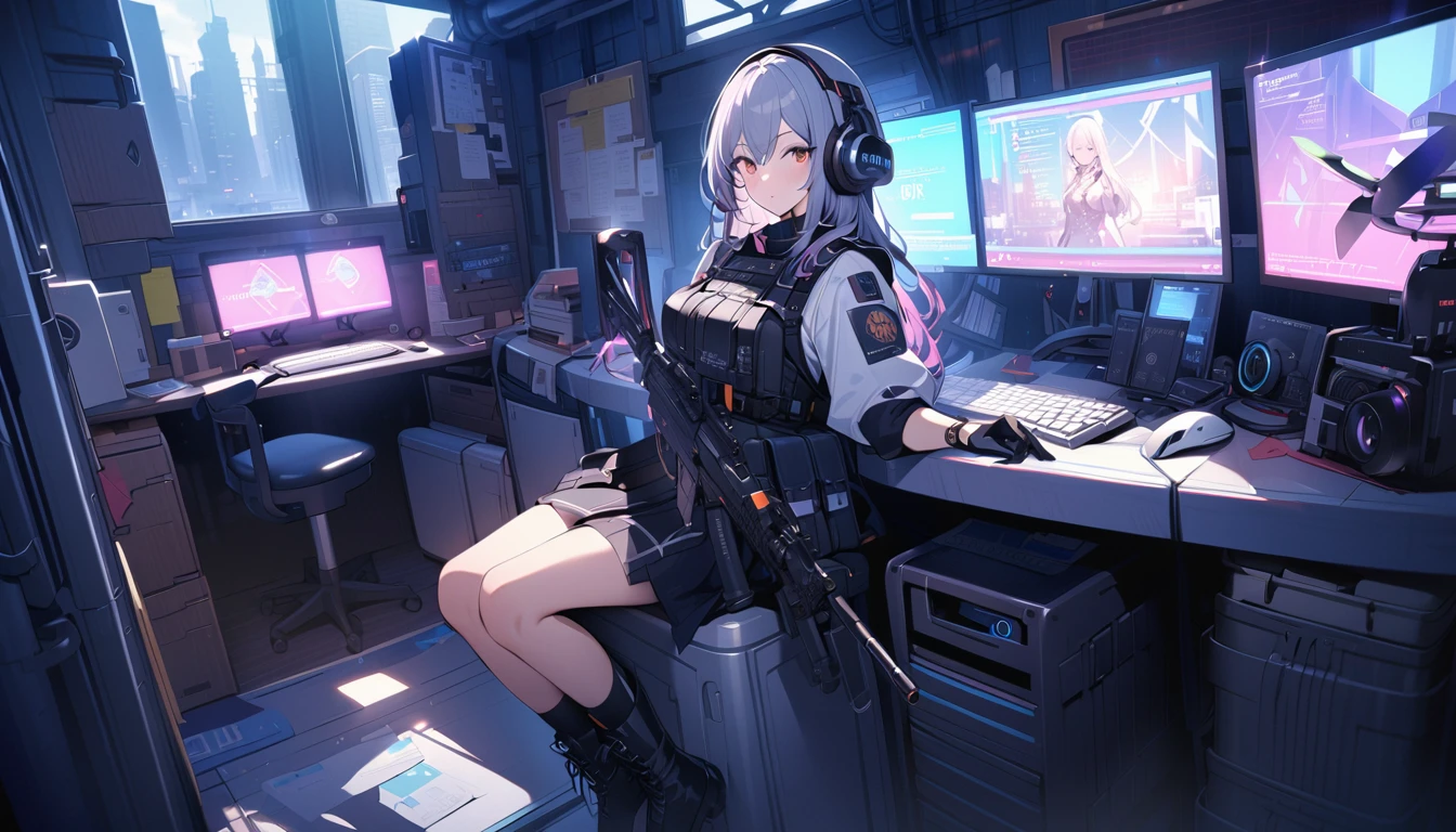 ((high quality)), ((masterpiece)), 8k, 2girls, bulletproof vest, light rays, extremely detailed CG unity 8k wallpaper, game cg, looking at viewer, gloves, boots, full body, watch, computer, mask, drone, holding weapon, headphones, jacket, bag, backpack
