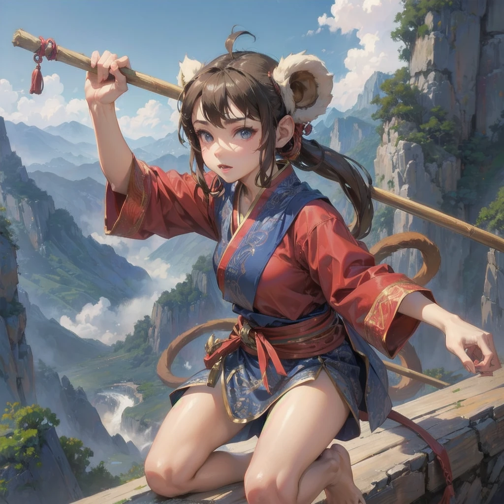  masterpiece, (textured skin), best quality, gorgeous beautiful girl, (a female 
monkey ears,monkey tail),,detailed clothes,large breasts,narrow waist,, (beautiful face), cinematic lighting, (fantasy anime art ),