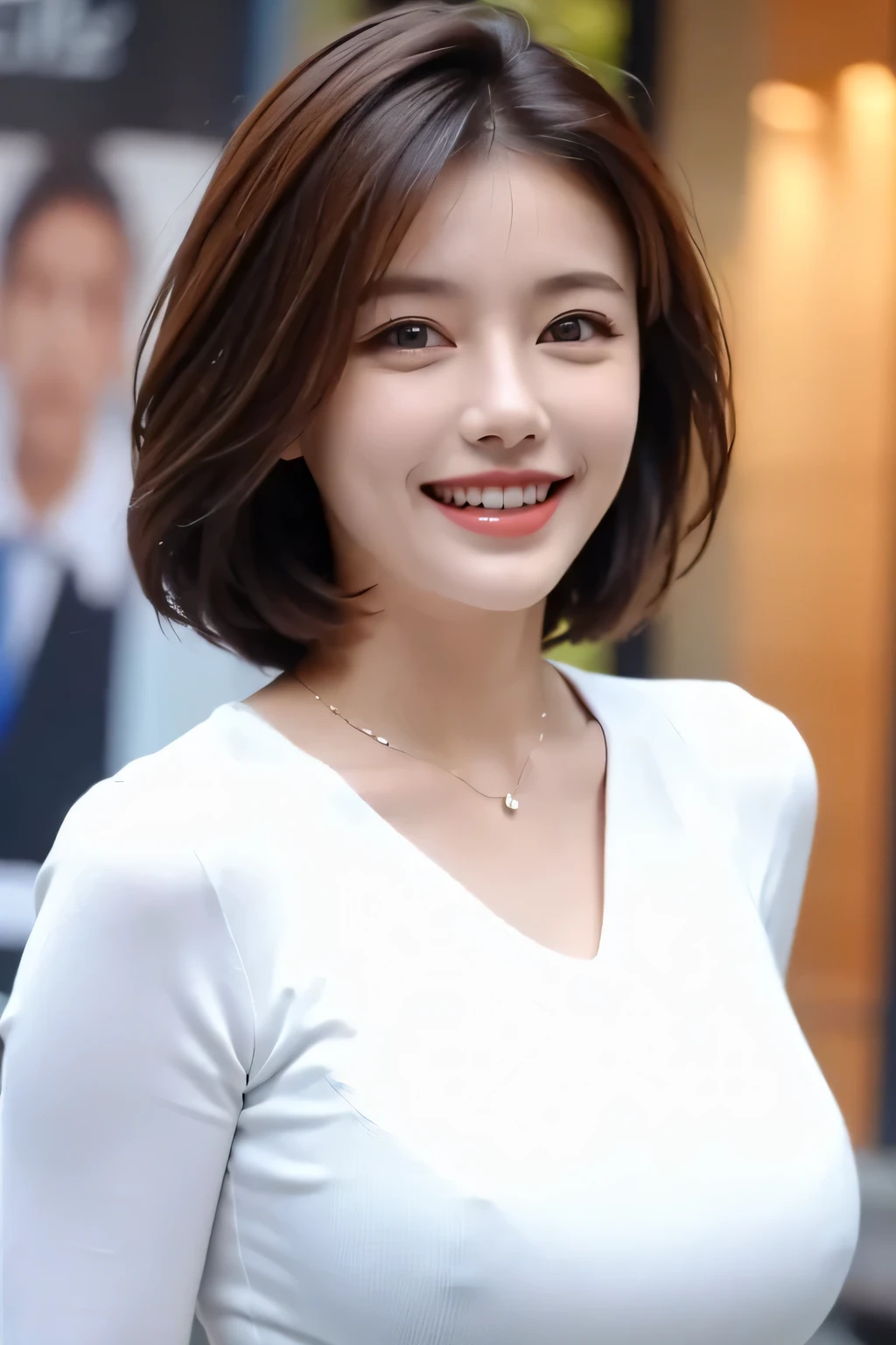 ((masterpiece)), ((Highest quality)), ((Complex)), ((Surreal)), (Realistic), (Mature Woman), ((There are no classes)), Very detailed, (1 female), Beautiful and exquisite, (Beautiful Teeth), Grin, Brunette Bob Hair, Brown eyes, ((blouse)), (Upper Body), (background:none), Perfect Eyes, Captivating eyes, Looking at the audience