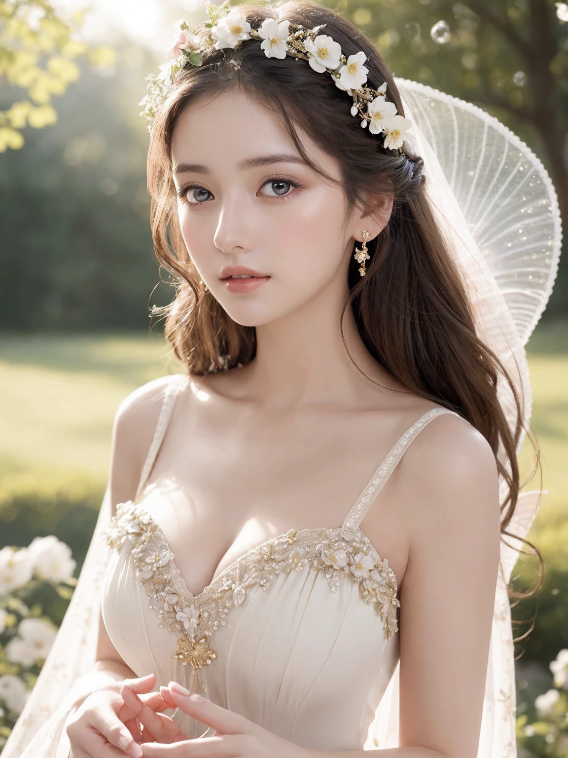 A captivating portrait of a lovely maiden, set against a soft focus dreamy backdrop. She stands resplendent in flowing white dress, bouquet of delicate flowers pressed to chest, petals gently caressing porcelain skin. Golden light softly illuminates her face, accentuating gentle curves and radiant eyes. A sprinkle of fairy dust sparkles across hair, infusing whimsy as if she emerged from a Victorian-era fairy tale.