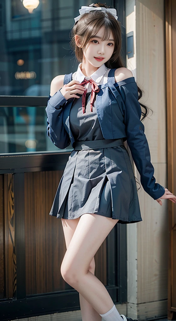 1girl, 独奏,hazuki ren,cosplay,
black hair,long hair,high ponytail, white hair bow, blunt bangs,
yuigaoka ,, blue jacket, red neck ribbon, black loafers, white socks, long sleeves, white collared shirt, grey dress, open jacket, pinafore dress,, ((Bare shoulders)), ((Full breasts)), ((The skirt is short)), ((Sexy legs)), ((knee shot)), ((Standing, Elegant posture)), 1girl,独奏, 1girl, Cute Girl, Beauty, Practical, Fashion Girl, Red lips, Mature women, Exquisite makeup, big eyes, beautiful, (best quality, masterpiece:1.2), Extremely detailed, (Practical:1.37), ((Random Scenes, Random shooting angle)), ((Sexy long legs)), Young and energetic, Charming model, (Exquisite eyes, Delicate lips), Show a bright smile, Create stunning girl images, warm color, Extremely saturated colors, Official Art, Extremely detailed的 CG, Unity 8K wallpaper, (High Dynamic Range :1.4), (Movie atmosphere),(Soft colors), (Natural skin texture, ultra-Practical, Soft Light, sharp),(Very detailed), night, moonlight