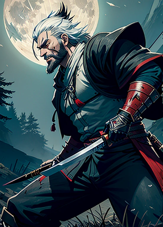 RageALot, the Fallen Beast is a legendary wolf warrior and the founder of the Wolf Clan. He is an old man with white hair and beard, left eye scared from battles, wearing a blue torn leather with blood spots and a white dark cloak. He carries a katana and a spear.
He awaits Sekiro in the great grass field where he first fought Genichiro Ashina, his grandson. The field is covered with blood and corpses of soldiers who died in the battle. The sky is dark with full moon, and lightning flashes occasionally. Isshin emerges from Genichiro’s body after he sacrifices himself to revive him using the Black Mortal Blade. He respects Sekiro as a worthy opponent and challenges him to a final duel for the fate of Ashina.
moon, dark theme, light, fantasy,