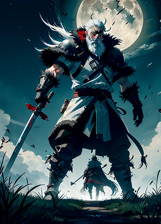 RageALot, the Fallen Beast is a legendary wolf warrior and the founder of the Wolf Clan. He is an old man with white hair and beard, left eye scared from battles, wearing a blue torn leather with blood spots and a white dark cloak. He carries a katana and a spear. 

He awaits Sekiro in the great grass field where he first fought Genichiro Ashina, his grandson. The field is covered with blood and corpses of soldiers who died in the battle. The sky is dark with full moon, and lightning flashes occasionally. Isshin emerges from Genichiro’s body after he sacrifices himself to revive him using the Black Mortal Blade. He respects Sekiro as a worthy opponent and challenges him to a final duel for the fate of Ashina.
moon, dark theme, light, fantasy,