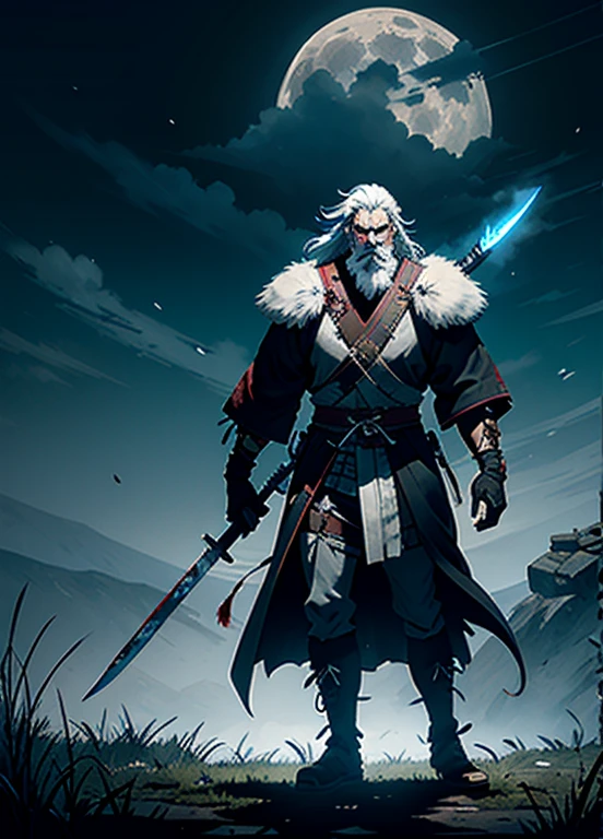 RageALot, the Fallen Beast is a legendary wolf warrior and the founder of the Wolf Clan. He is an old man with white hair and beard, left eye scared from battles, wearing a blue torn leather with blood spots and a white dark cloak. He carries a katana and a spear. 

He awaits Sekiro in the great grass field where he first fought Genichiro Ashina, his grandson. The field is covered with blood and corpses of soldiers who died in the battle. The sky is dark with full moon, and lightning flashes occasionally. Isshin emerges from Genichiro’s body after he sacrifices himself to revive him using the Black Mortal Blade. He respects Sekiro as a worthy opponent and challenges him to a final duel for the fate of Ashina.
moon, dark theme, light, fantasy,