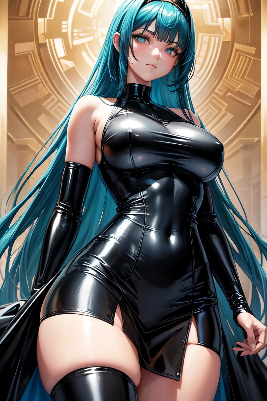 beautiful 18 year old girl, big turquoise eyes, big breasts, big and thin stature, 8k, Superior quality, (Very detailed head: 1.0), (Very detailed face: 1.0), (very detailed hair: 1.0), black latex sleeveless dress, highly detailed official artwork, anime moe art style, clean and detailed anime art, without smile, golden hair with black headband, wide, straight and with bangs