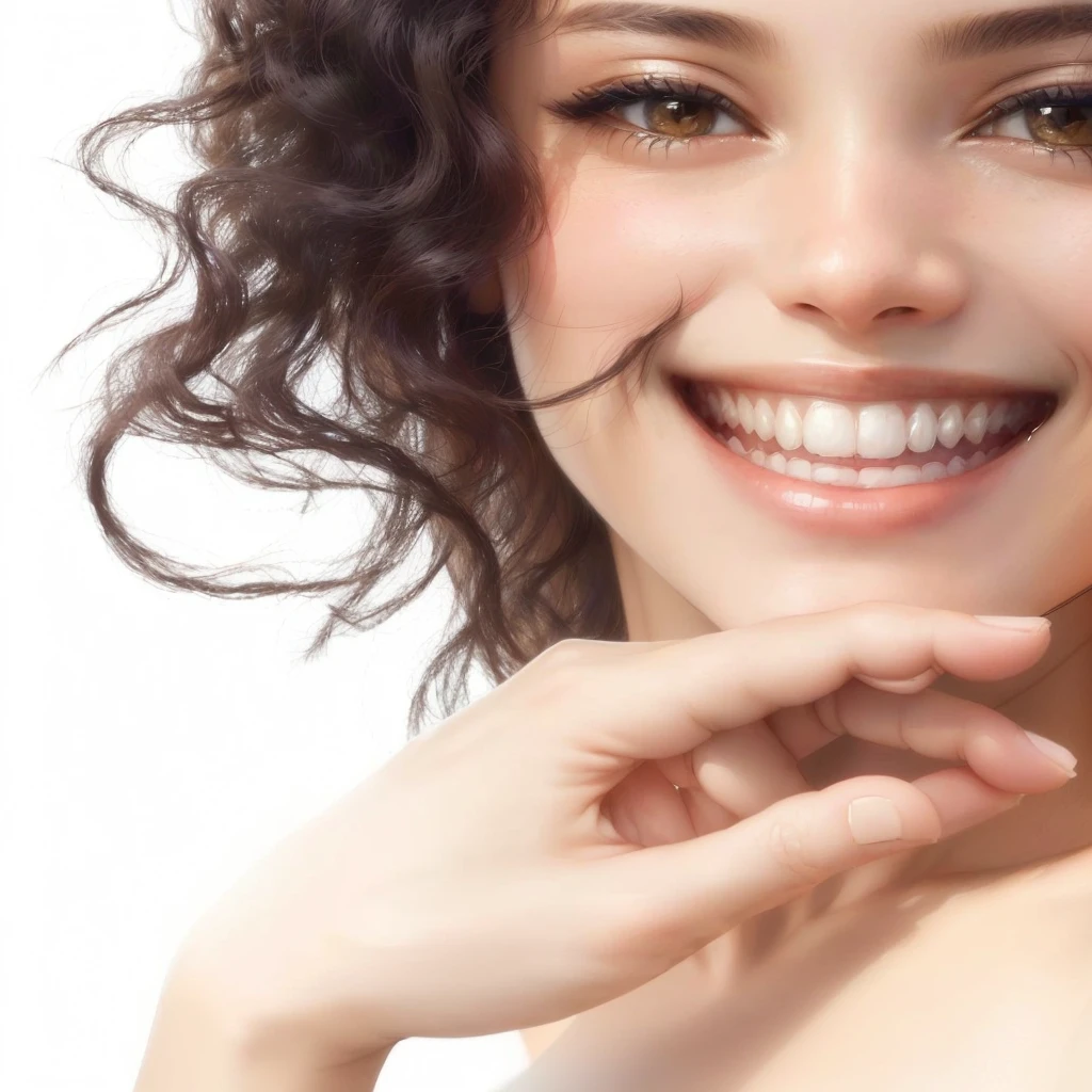 smiling woman with curly hair and a white shirt holding her hand on her chin, Charming smile, perfect smile, smiling woman, beautiful smile, Beautiful and smiling, Beautiful white teeth, Welcoming smile, A cute smile, Soft, moist lips, smiling brightly, Fashion model smiling face, ด้วยbeautiful smile, The girl smiled., Beautiful smile, ใบหน้าBeautiful smile, Face of a happy fashion model