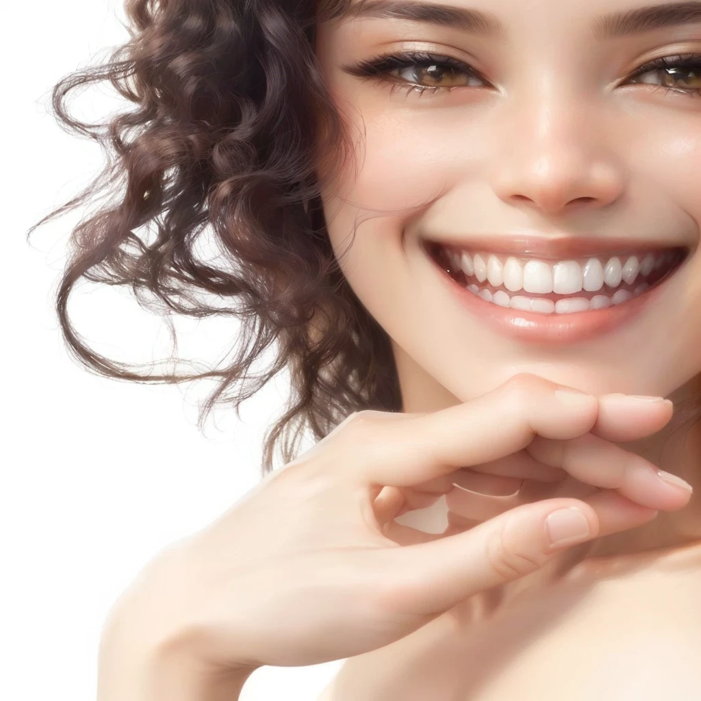 smiling woman with curly hair and a white shirt holding her hand on her chin, Charming smile, perfect smile, smiling woman, beautiful smile, Beautiful and smiling, Beautiful white teeth, Welcoming smile, A cute smile, Soft, moist lips, smiling brightly, Fashion model smiling face, ด้วยbeautiful smile, The girl smiled., Beautiful smile, ใบหน้าBeautiful smile, Face of a happy fashion model