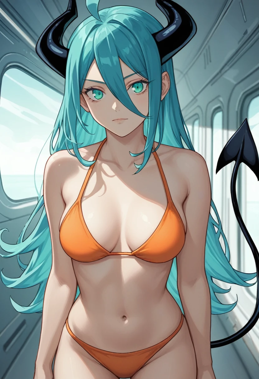 score_9, score_8_up, score_7_up,1 daemon woman, black  horns, black demon tail, (aquamarine hair),aquamarine green color hair,ahoge, long hair, (long hair),bangs, light orange bikini, bikini is orange, bikini orange, orange bikini!, (aquamarine eyes), background is spaceship, aquamarine eyes, 1woman ,facing viewer, daemon girl,  close up,Well-endowed, alone, Spacecraft interior, sexy pose