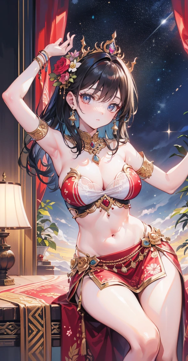 Highest quality、Highest picture quality、Masterpiece ,Group of 5 princesses,(6 young women,many young women), (in the bedroom), Various hair styles, harem,((Traditional Thai Lanna cloth:1.5,Traditional Thai Lanna costume, Strapless style, no straps..:1.5,Traditional Thai Lanna costumeที่หรูหรา:1.5,short skirtข้าง:1.4, bare shoulders,Random batch color)), at night, detailed face, big breasts,Breast curtain, short skirt, mule, Sleeveless , Show your armpits, at night, starry at night,(large areolae:1.4,pink,The nipples are clearly visible....),ขับnavel,การdance,dance,Thai dance, desert dancer,belly dancer,(charming, การdanceที่หรูหราและน่าหลงใหล:1.3),(Decorate beautiful flowers on your head..),(Light silk clothing),navel,(Broken gold jewelry hung from her skirt..),นักเต้นที่เซ็กซี่และcharming