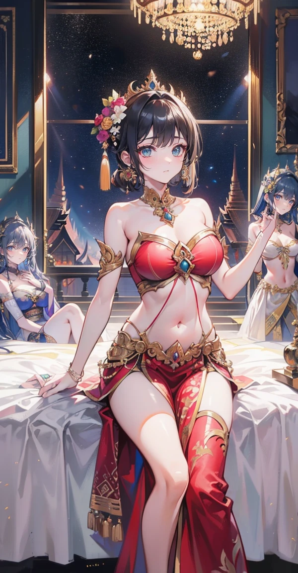 Highest quality、Highest picture quality、Masterpiece ,Group of 5 princesses,(6 young women,many young women), (in the bedroom), Various hair styles, harem,((Traditional Thai Lanna cloth:1.5,Traditional Thai Lanna costume, Strapless style, no straps..:1.5,Traditional Thai Lanna costumeที่หรูหรา:1.5,short skirtข้าง:1.4, bare shoulders,Random batch color)), at night, detailed face, big breasts,Breast curtain, short skirt, mule, Sleeveless , Show your armpits, at night, starry at night,(large areolae:1.4,pink,The nipples are clearly visible....),ขับnavel,การdance,dance,Thai dance, desert dancer,belly dancer,(charming, การdanceที่หรูหราและน่าหลงใหล:1.3),(Decorate beautiful flowers on your head..),(Light silk clothing),navel,(Broken gold jewelry hung from her skirt..),นักเต้นที่เซ็กซี่และcharming
