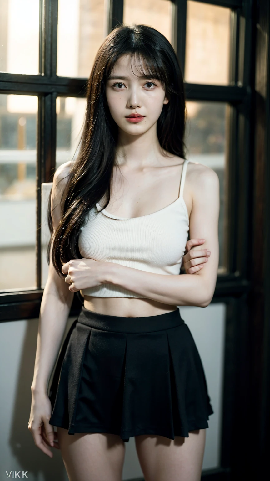 1girl, woman, masterpiece, best quality, highest quality, cinematic lighting, (volumetric lighting), extremely detailed CG unity 8k wallpaper, focused, 8k wallpaper, extremely detailed, ultra realistic, photorealistic, sharp focus, absurdres, (HDR:1.2), (high contrast), photograph, detailed and intricate, instagram, portrait, highly detailed, digital painting, artstation, concept art, smooth, sharp focus, illustration, cinematic lighting, (golden ratio of breast size), ((medium shoulder)), (skinny legs), (slender body), (height 163cm), (HQ skin:1.4), (knit strap tanktop, very short black skirt), (standing, show thighs), ((long hair)), (hips shot, hip level shot), medium shot, ((eyes looking at viewer)), (crossed arm), (breast)