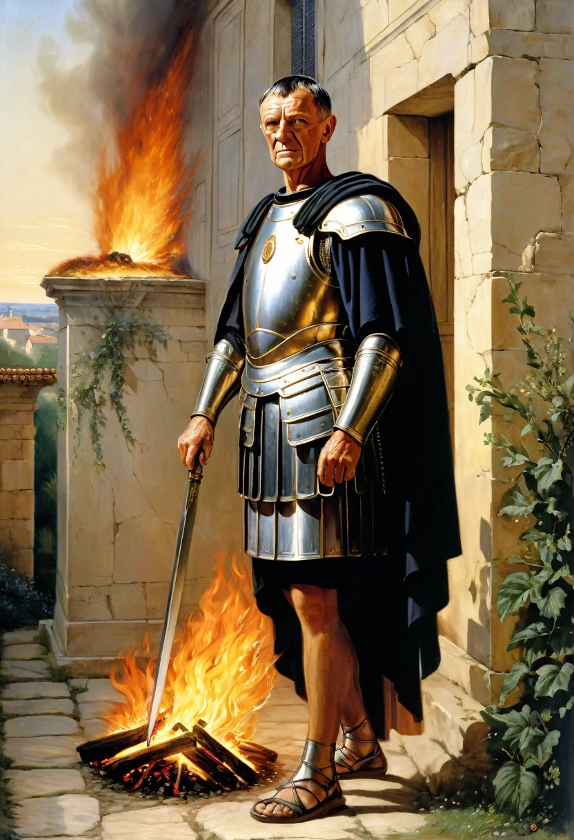 "Une image détaillée de Marcus Licinius Crassus debout avec confiance avec en toile de fond une maison romaine engloutie par les flammes., soulignant sa nature impitoyable et opportuniste."
taille: "1024x1024"