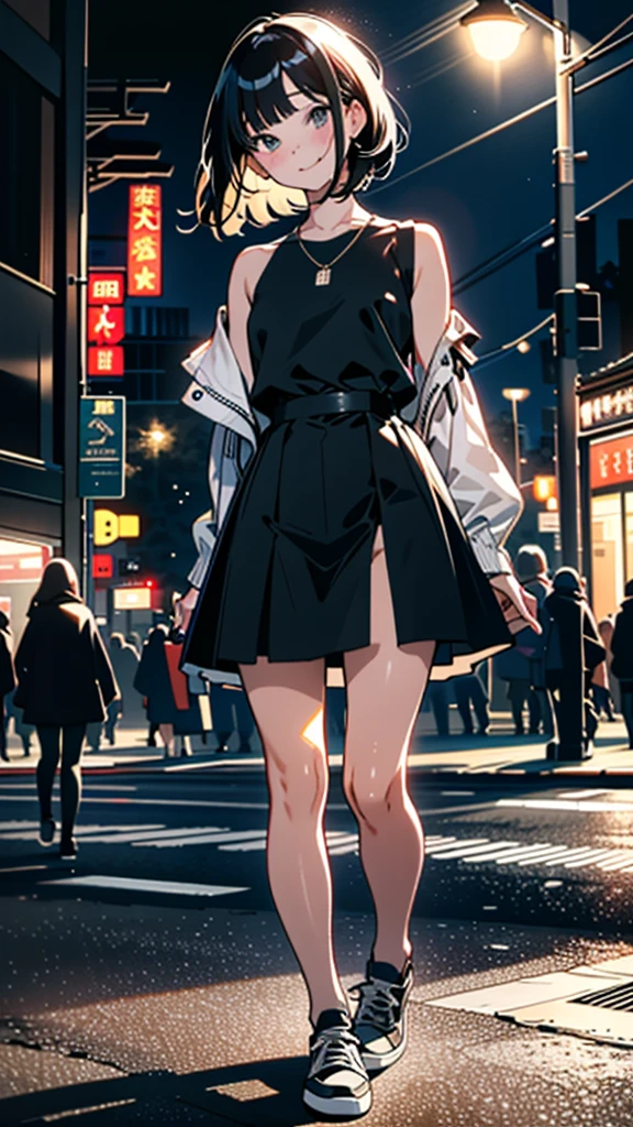 (8K, RAW Photos, 最high quality, masterpiece:1.2), high qualityのRAWカラー写真, Professional photo shoot, Cinematic Light, alone, (((young woman, Gal))), (Sharp features), (Small face), (Skin with attention to detail:1.2), clavicle, Cute face, Beautiful appearance, Long eyelashes,Girl Turning Around, smile, (Black Hair, Bobcut、 Tight bodycon、Very short skirt, Black sneakers,  Night Park, Confident attitude, Capture the happy moment, Artistic painting,Attractive thighs, (Very nice touch:1.2),はにかんだsmile), Peaceful atmosphere, Oil painting style, Bright colors, (Are standing:1.5, Night cityscape, Full body portrait), Smooth texture, Gazing Eyes, Beautiful Skin, Shiny skin, ((Perfect Fingers, Five Fingers, Anatomically correct)), Background Blur, high quality, Surreal, ((Very detailed, photo shoot)),Many people々々、blush、plump、White skin、A bag full of stuffed toys、、Beautiful Eyes、Face close-up、Small breasts、Beautiful Abs、